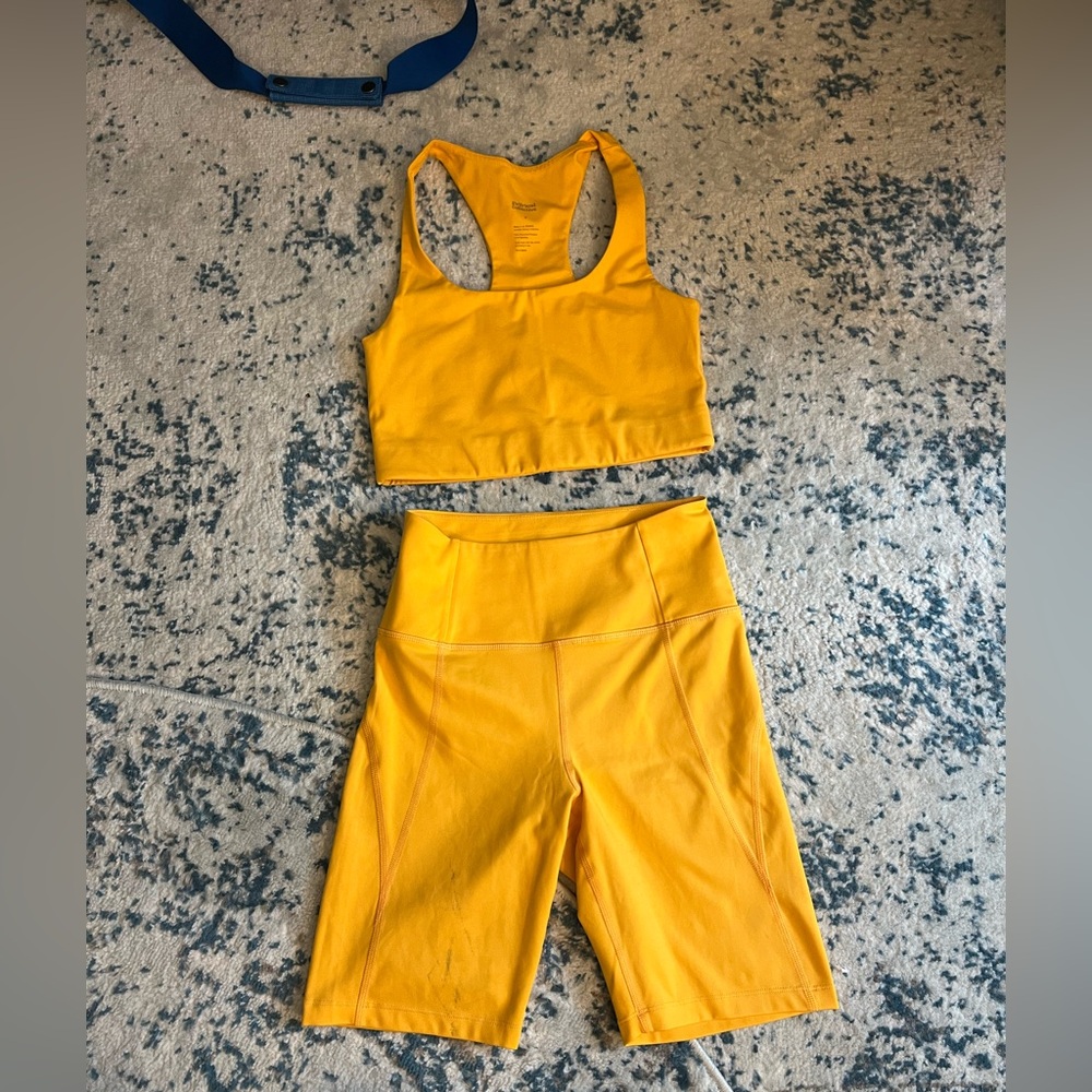 Girlfriend collective bike shorts and bra set, yellow, size small